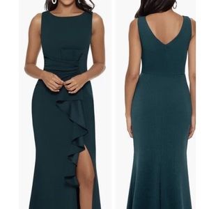 Betsy & Adam ruffle bow trumpet style dress in pine green NWT